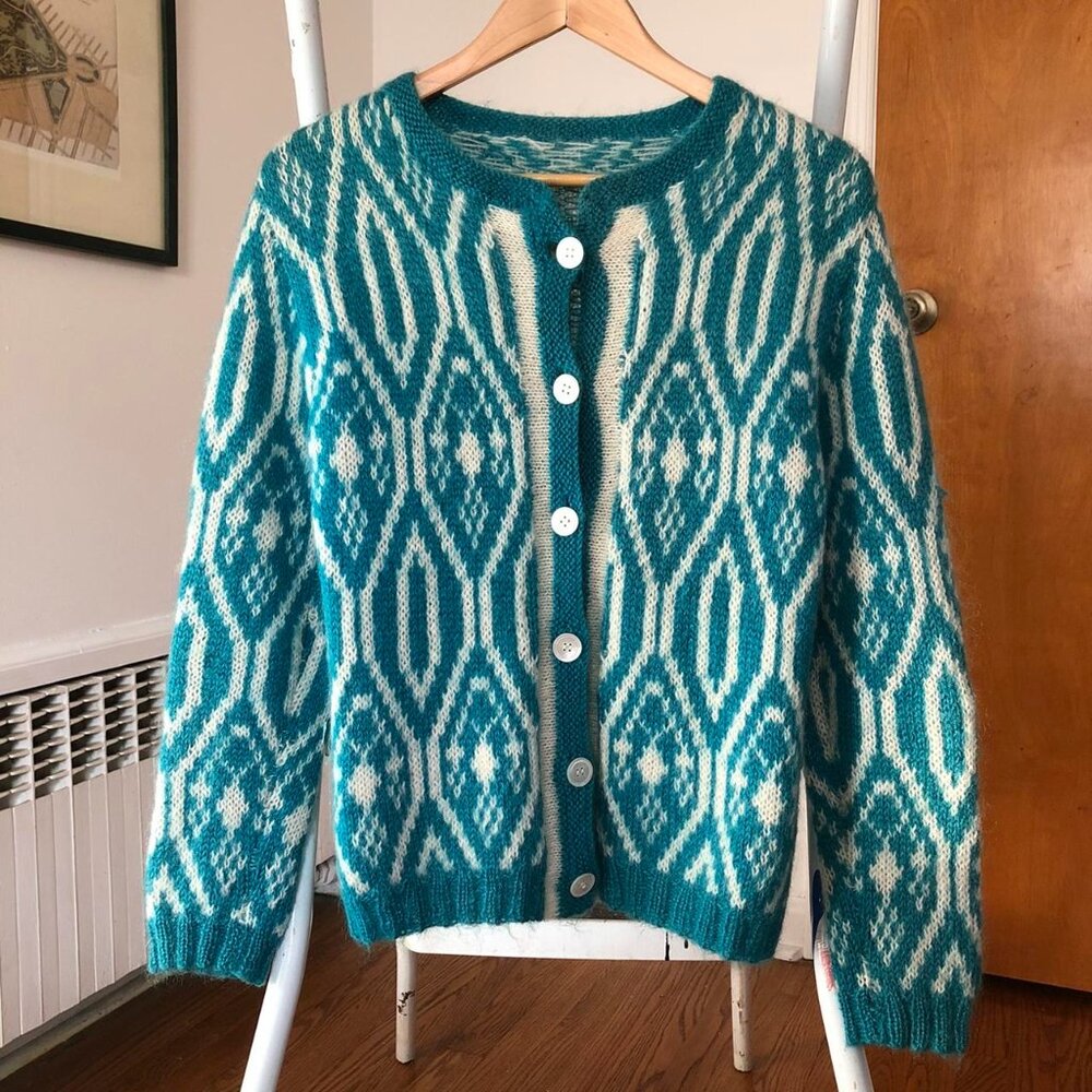 Wool Patterned Knit Cardigan Sweater